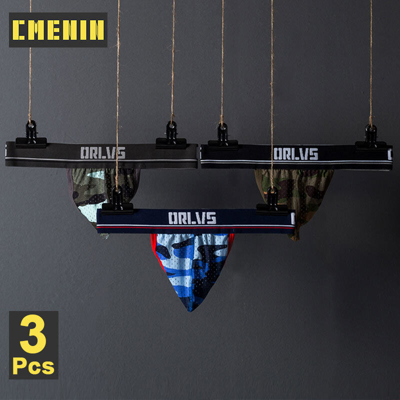 ORLVS 3Pcs Sexy Men Underwear Thongs Mesh Camouflage Breathable G String Underpants OR190