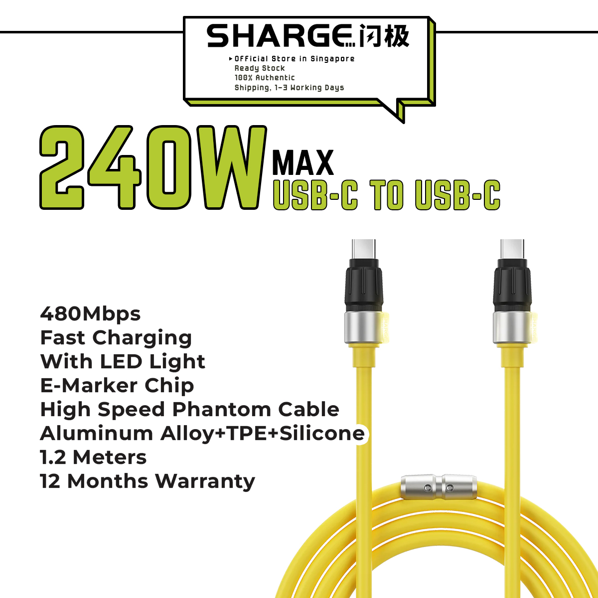 Shargeek/Sharge SL106 240W PD USB-C to USB-C Phantom Fast Charging Cable w/ E-Marker Chip w/ LED Light 1.2m for Samsung Android Power Bank