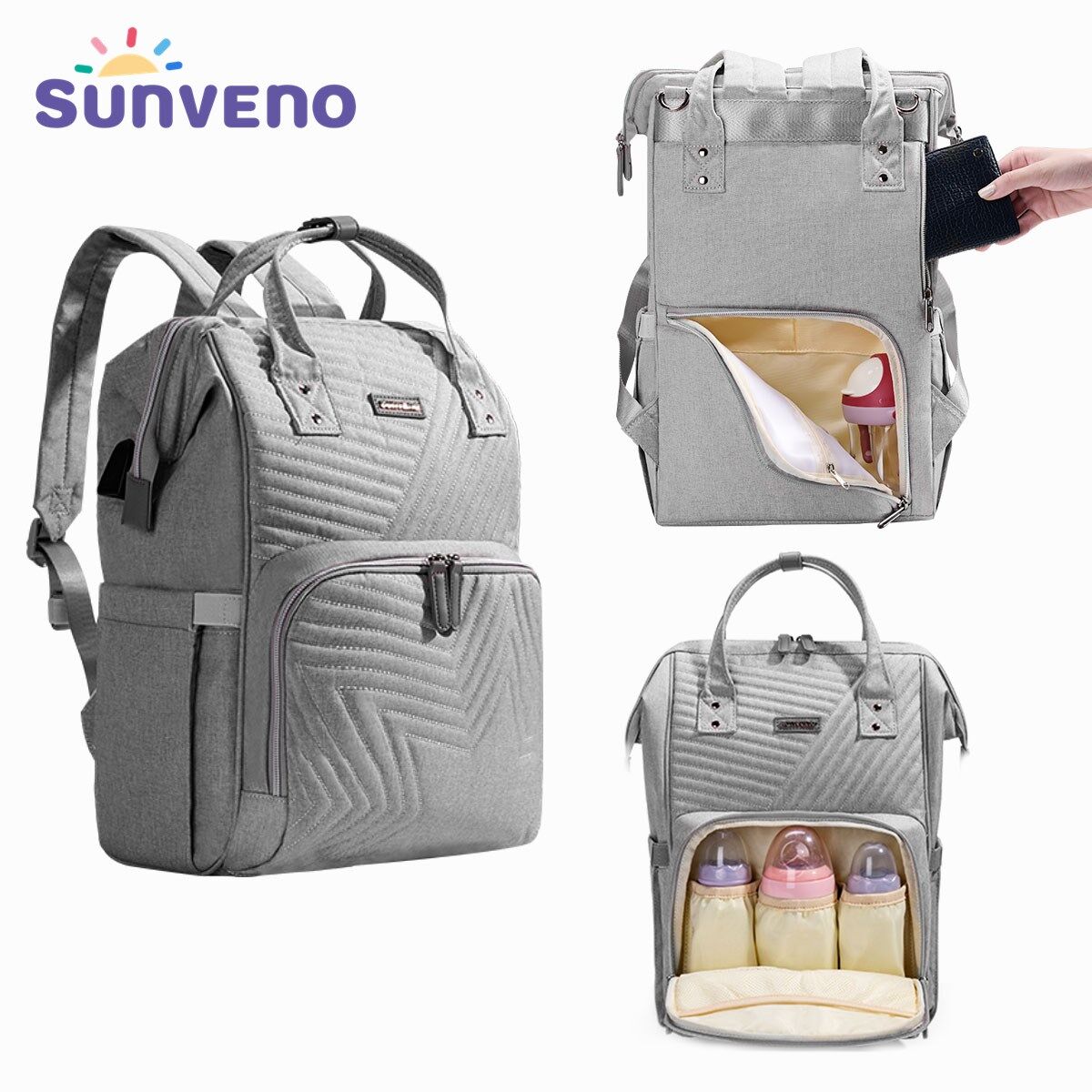 Sunveno Multifunction Diaper Bag Large Capacity Mommy Backpack, Waterproof Travel Nappy Bag, Quilted Fashion Maternity Bag with Front insulated Bottle Pockets